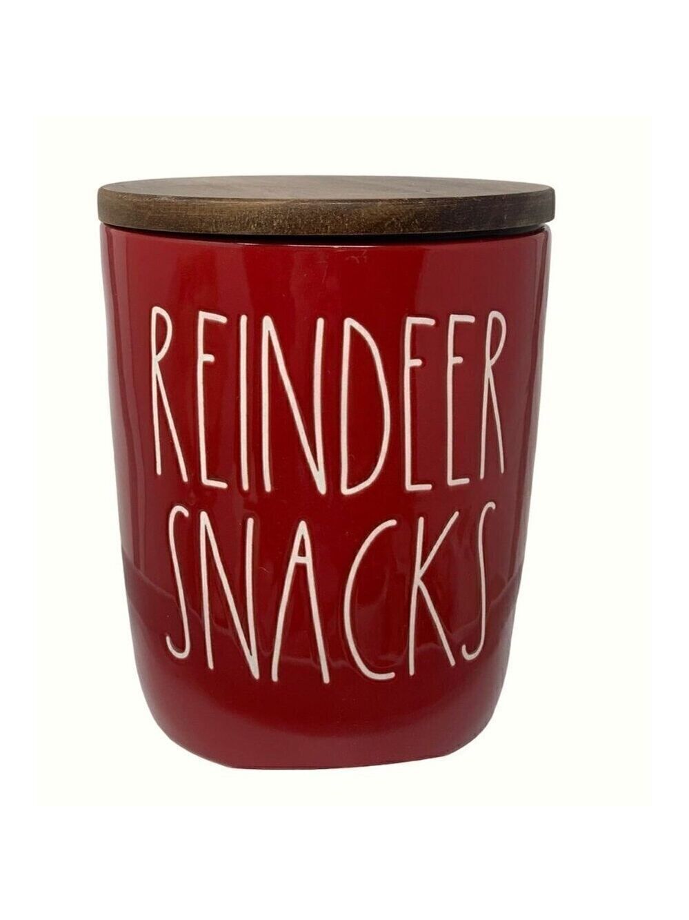 Rae Dunn Reindeer Snacks Cellar Canister Red Wood Lid Kitchen Christmas Holiday
